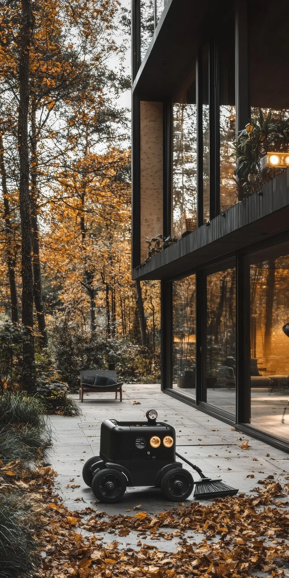 Blick auf einen Roboter, der einen Garten pflegt.