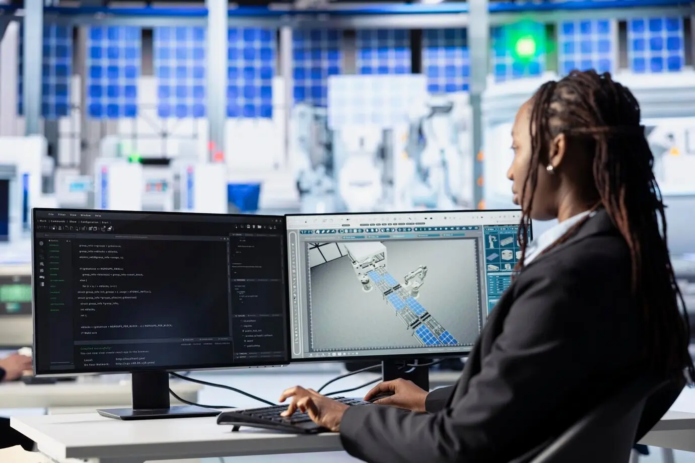 Programmierer tippt Code an einem PC in einer Photovoltaik-Produktionsanlage.